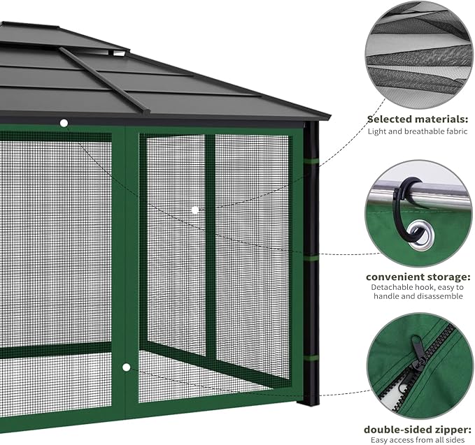 Gazebo Replacement Mosquito Netting Outdoor Universal Gazebo Canopy 4-Panels Screen Sidewalls with Zipper for Patio Garden (Green, 10x10)