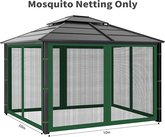 Gazebo Replacement Mosquito Netting Outdoor Universal Gazebo Canopy 4-Panels Screen Sidewalls with Zipper for Patio Garden (Green, 10x10)