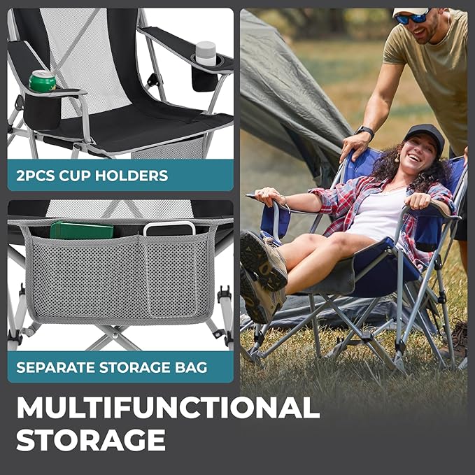 FUNDANGO Rocking Camping Chair, High Mesh Back Portable Folding Camp Chairs with Pillows, Cup Holder and Carry Bag for Lawn Patio Garden Outdoor Supports 300 Lbs (Black/Grey)