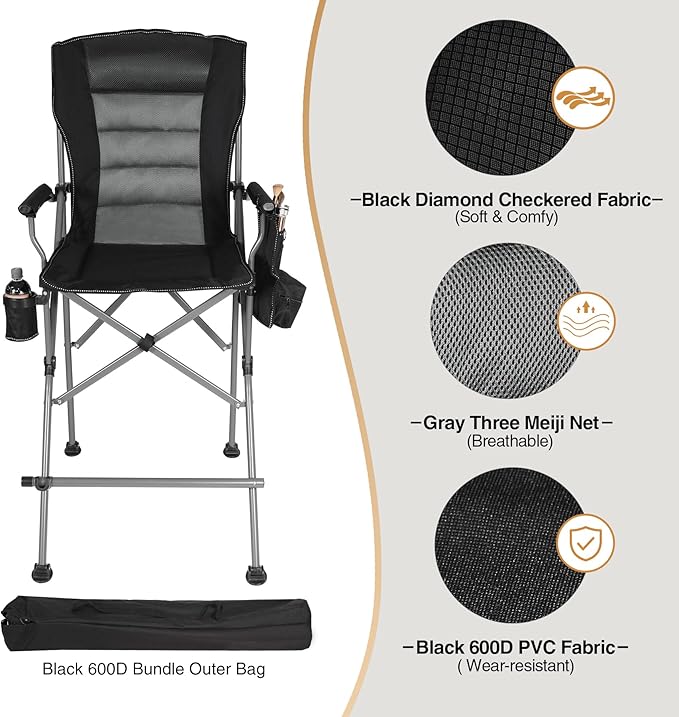 Extra Tall Folding Chairs for Adults 330lbs, Portable Bar Height Foldable Director Chairs for Camping Outside, Comfortable with Makeup Pocket, High Back and Footrest, Black