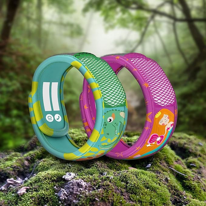 PARA'KITO Mosquito Repellent Pack - 2 Kids Wristbands & 2 Refills Green Dinosaur/Mermaid