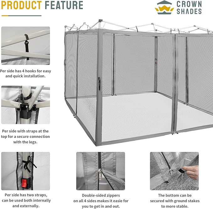 CROWN SHADES Gazebo Mosquito Net for 10 x 10 Pop Up Canopy - Patio Gazebo Mesh Sidewall with Zipper for Outdoor Tent, Garden and Backyard (4 Packs, Grey)