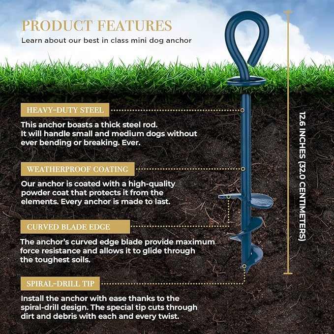 Dog Tie Out Stake - Heavy Duty Dog Stake for Large Dogs up to 125 lbs, Dog Stakes for Outside, Dog Anchor, and Dog Gadget | Use Any Dog Tie Out Cable or Dog Yard Leash (MBA1-Azure Blue)