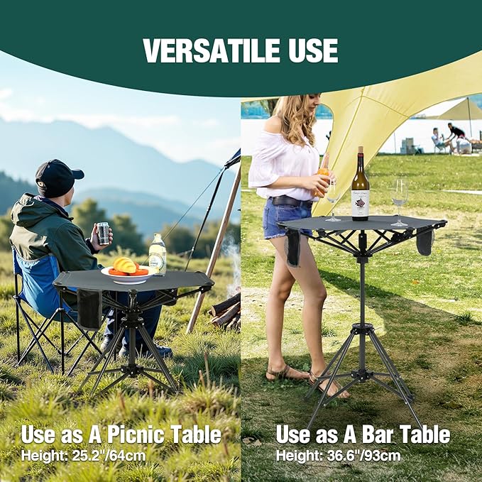 Extra Tall Folding Chairs & Adjustable Height Folding Table Set, Portable Outdoor Bar Table & Foldable Director Chairs with High Back and Storage Bag for Backyard,Beach,Travel