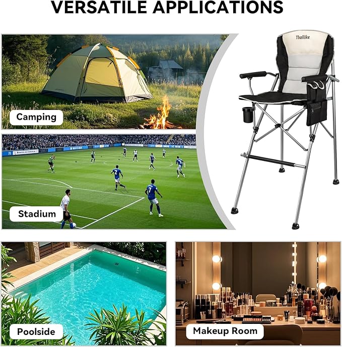 Foldable Directors Makeup Salon High Chair - Portable Camping Bar Height Folding Photoshoot Chairs with Stroage Bag Cup Holder Non-Slip Footrest, Supports 400 lbs Black Tall Director Chair