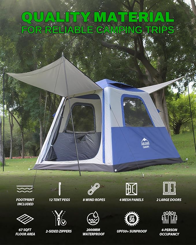 Inflatable Tent for Camping, 8.2x8.2FT Large 4-6 Person Blow up Tent with 2 Doors and 4 Screen Mesh Panels, Footprint Included(Sapphire & Light Gray)