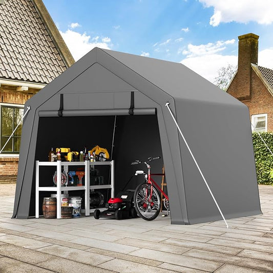 GAOMON 10'x15' Outdoor Portable Garage, Waterproof & UV-Resistant Storage Shed with 2 Roll-Up Doors, Carport Tent for Motorcycle, Bike, and Tools, Gray