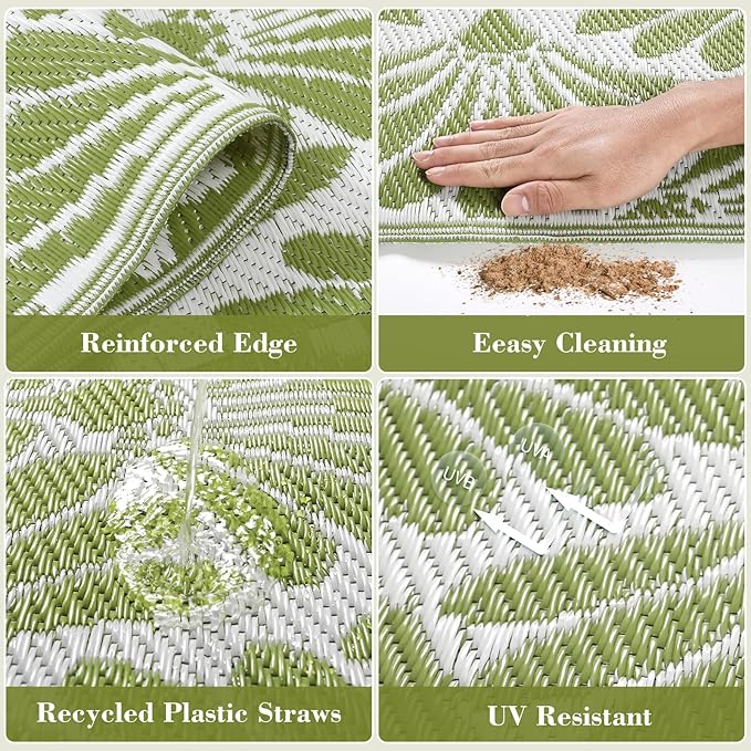 Lahome Plastic Outdoor Rug 8x10 Waterproof, Camping Rugs for Outside Your Rv, Lightweight Outdoor Mat for Beach Picnic Backyard Garden Under Awning, Pale Green,8'x10'