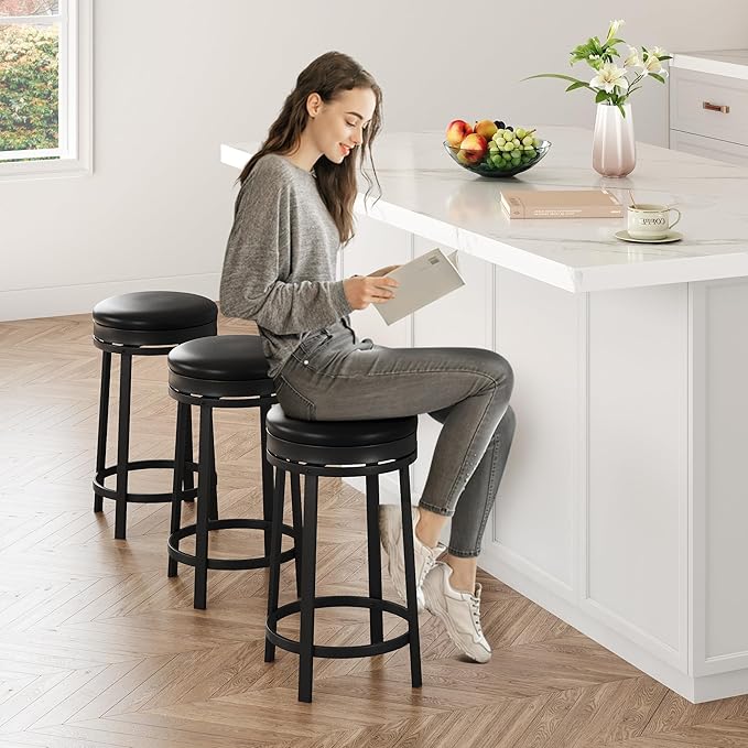IDEALHOUSE 24'' Swivel Bar Stools Set of 2 with Footrest, Modern Counter Height Barstools with PU Leather Upholstered and Metal Frame, Backless Round Bar Stools for Kitchen Island, Black