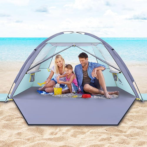 Happy Travel Beach Tent, UPF 50+ UV Protection Sun Shade Shelter for 3/4/5/6/7/8 Person, Portable Beach Canopy for Family & Baby, Lightweight & Easy Setup Beach Cabana with 3 Ventilation Mesh Windows