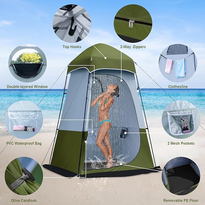 Camping Shower Tent, 7.9 FT Extra Tall Oversize Privacy Tent, Portable Outdoor Bathroom Toilet Tent with Floor, Easy Set Up Privacy Shelter for Dressing, Hiking, Fishing, UPF50+