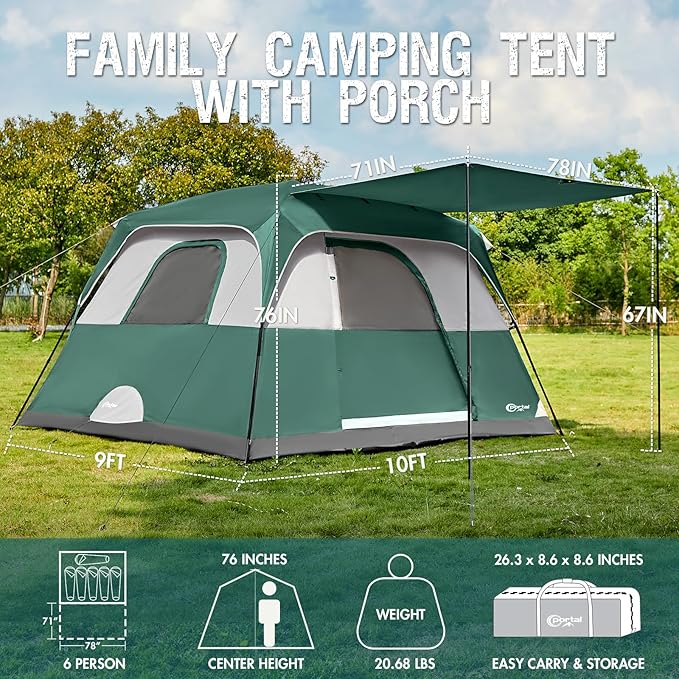 PORTAL 6 | 8 | 10 Person Family Camping Tent with Porch, Big Family Camping Tent with Tall Height, Good Ventilation, Water Resitant Large Tent for Outdoor Camping, Backyard