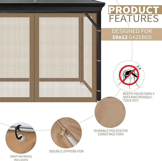 Gazebo Universal Replacement Mosquito Netting, 10' x 12' Outdoor Mesh Netting Screen 4-Panel Sidewall with Zipper for Patio Canopy Garden Porch Pergolas and Backyard, Khaki(Mosquito Net Only)