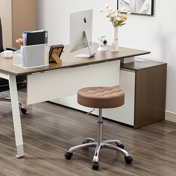 Rolling Stools with Wheels (300lbs Capacity) (Adjustable Height 20"-27") Brown Leather Manicure Guitar Lash Stool (Coffee Brown)
