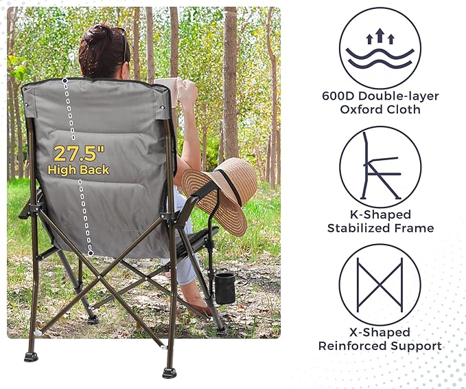 Large High Back Camping Chair for Adults - Comfortable Oversized for Tall People, Heavy Duty & 450lbs Capacity K-Frame, Padded Seat & Armrests for Sitting Fishing Outside, Cup Holder (Black)