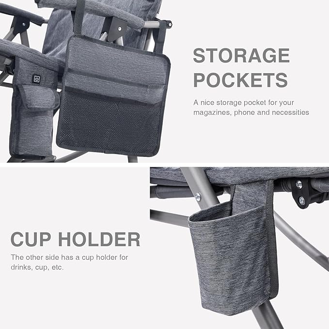 EVER ADVANCED Heated Oversized Folding Rocking Camping Chair, Heating Padded Portable Rocker Chair for Patio, Lawn and Outdoors, Heavy Duty Hard Armchair for Adults Supports 400lbs, Grey