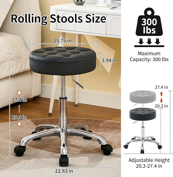 Rolling Stools with Wheels (300lbs Capacity) (Adjustable Height 20"-27") Black Leather Tattoo Vanity Massage Stool (Black)