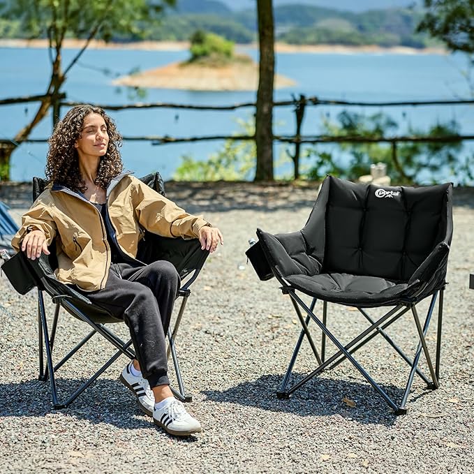 Portal Oversized Padded Camping Chair - Heavy Duty Folding Chair with Cup Holder & Side Pocket, Supports 330 lbs, for Camping, Lawn, Sports, Black