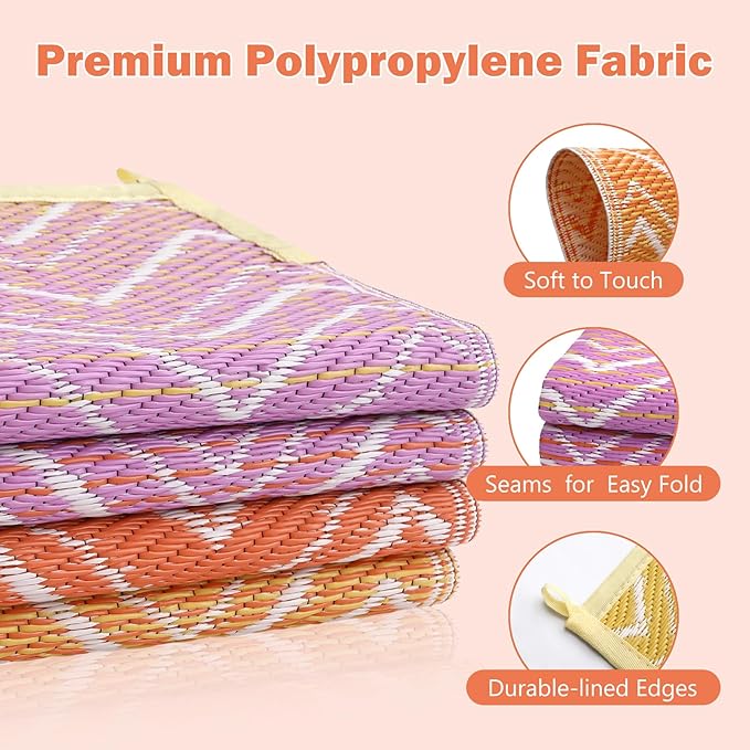 Lahome Colorful Waterproof Outdoor Rug 8x10, Reversible Outdoor Plastic Straw Rug for Patios, Outside RV Mat Carpet for Deck Porch Backyard Balcony Picnic Trailer (Orange/Purple, 8' x 10')
