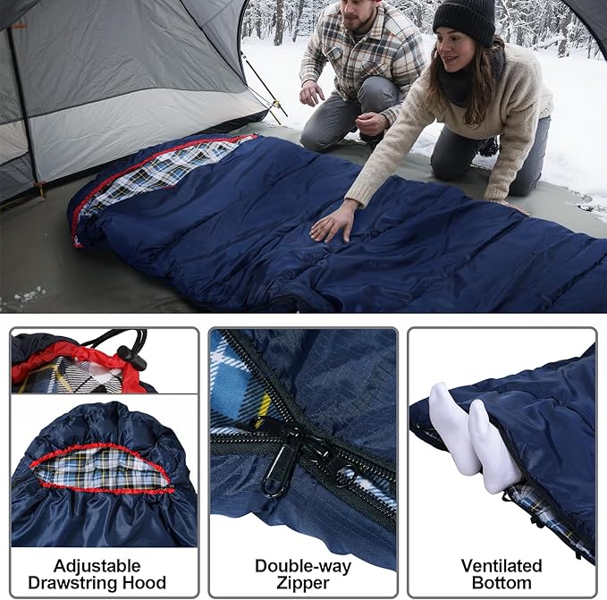 REDCAMP Flannel Sleeping Bag for Adults, Comfortable Cotton Sleeping Bags for Camping with Detachable Hood, Red/Grey/Blue