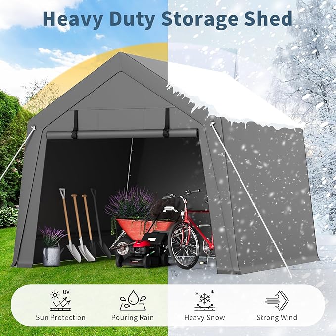 Garvee 10 ft x15 ft Outdoor Portable Storage Shed, Waterproof & UV-Resistant Garage Shelter with 2 Roll-Up Zipper Doors, Anti-Snow Carport Tent for Motorcycle, Bike, and Outdoor Equipment, Gray