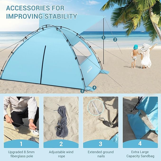 Elegear Beach Tent Sun Shelter with Canopy, 6-8 Person Beach Tent, Easy Setup UPF 50+ UV Protection Portable Lightweight Double Silver Coating Cabana Sun Shade Shelter - Sky Blue
