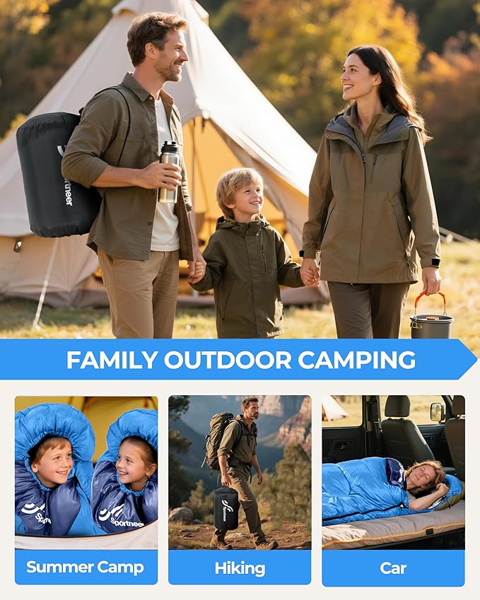 Sportneer Sleeping Bags for Adults, Warm & Cold Weather Sleeping Bag for Adults Kids Boys Girls - Lightweight Compact Camping Gear Equipment, Traveling, Backpacking, Hiking