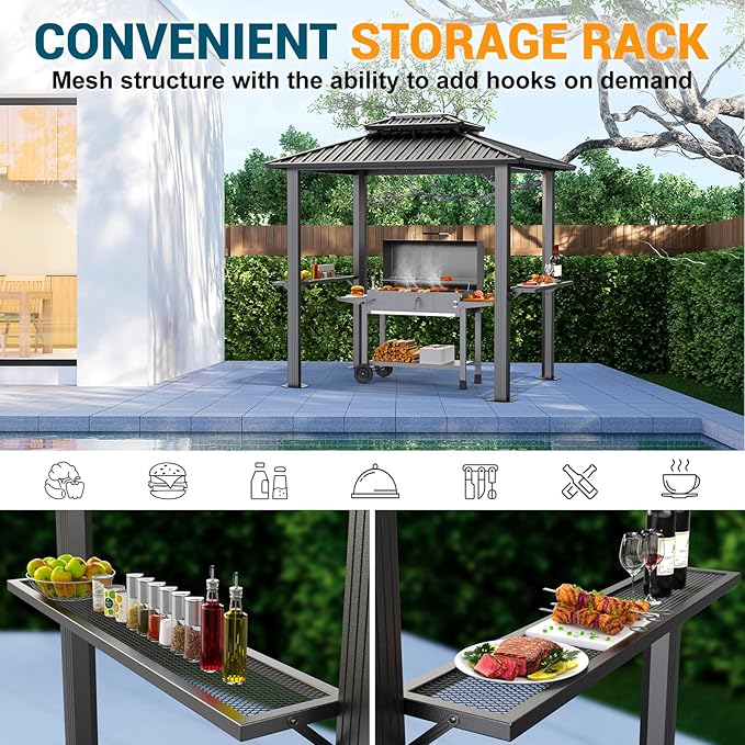 Hoteel 6x8 Hardtop Grill Gazebo, Outdoor Patio BBQ Gazebo with Galvanized Steel Double Roof, Hardtop Barbecue Canopy with 2 Side Shelves for Deck Lawn Backyard Garden,Black