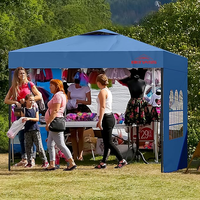 10x10 Pop Up Canopy with Sidewalls, Easy Up Canopy Tent, Heavy Duty Tents for Parties, One Person Set Up Event Tent, Light Blue