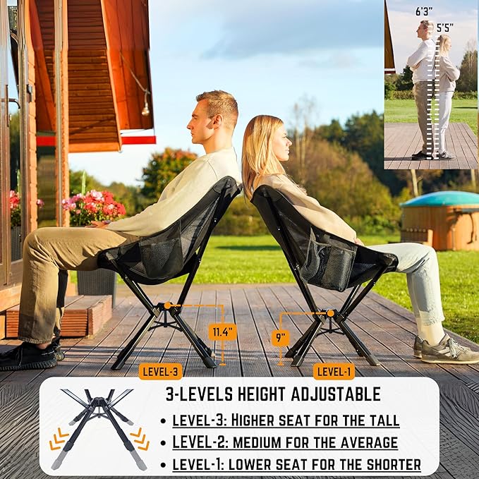 ADJ-Q2 Portable Camping Chair - Adjustable Height Folding Chair, Compact Collapsible Chair, Heavy Duty Outdoor Chair for Camping, Beach, Sports, Supports 350LBS, Leg-Base Enhanced - Green 2025 Edition