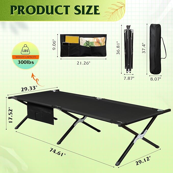 WLIVE Military Camping Cot, Portable Folding Cots for Sleeping with Carry Bag, Outdoor Camping Bed for Adults with Side Pocket, Support 300 Lbs, Black
