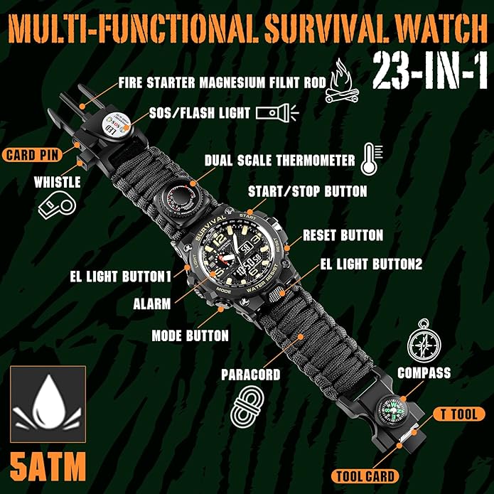 23-in-1 Military Tactical Watch for Men, Multifunctional Outdoors Waterproof Survival Watches with Compass Whistle Fire Starter and Thermometer, Paracord Watch Bracelets with Outdoor Army Gear…