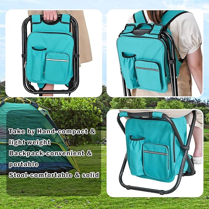 Kikerike Backpack Stool Cooler Chair Heavy Duty 400 LBS Max Load Portable Lightweight Stool Backpack Folding Fishing Cooler Seat for Camping Hunting Fishing - Blue-Green