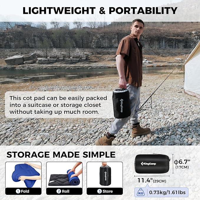 KingCamp Cot Pad Topper for Camping, Soft Warm Non-Slip Cot Mattress, Comfortable Lightweight Sleeping Mat for Outdoor & Indoor, Picnic, Hiking, Backpacking, Yoga