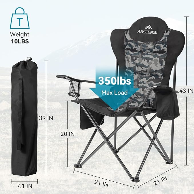 ABSCONDO Camping Chairs for Adults, Oversized Folding Camp Chair for Outdoor with Cup Holder & Cooler Bag, XL Heavy Duty Lawn Chairs Supports up to 350lbs (2 Pcs)