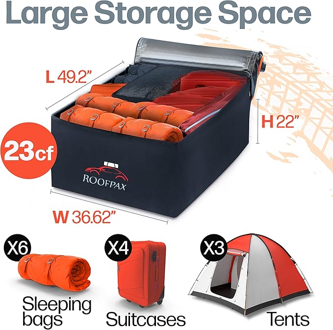 RoofPax 23 cft. Extra Waterproof Rooftop Cargo Carrier Bag, Double Weatherproof Zippers,10 Heavy-Duty Tie-Down Straps fit Cars with/Without a Rack or Side Rails, Safety Hooks Included