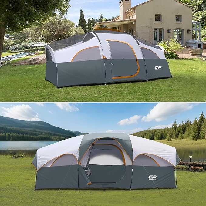 CAMPROS CP Tent 8 Person Camping Tents, Weather Resistant Family Tent, 5 Large Mesh Windows, Double Layer, Divided Curtain for Separated Room, Portable with Carry Bag