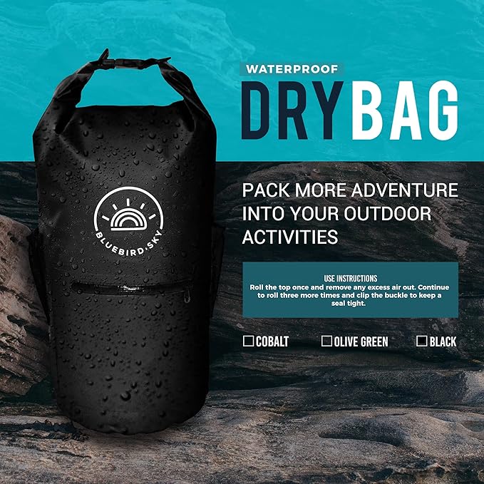 Waterproof Dry Bag with 2 Adjustable Straps, Waterproof Backpack, Essential Camping Accessories, Black, 23.2in x 9.45in - Size 20L