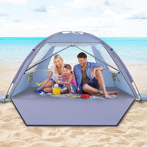 Happy Travel Beach Tent Sun Shelter for 3/4/5/6/7/8 Person, Portable UPF 50+ UV Protection Beach Shade Canopy for Family & Baby, Lightweight & Easy Setup Beach Cabana with 3 Ventilation Mesh Windows