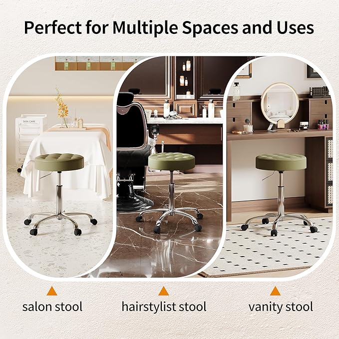 Swivel Rolling Stool Adjustable Height 20"-27" (Sturdy Aluminum Base) (Quiet Wheels) Salon Stools for Hair Stylist (Green)