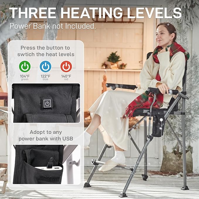 EVER ADVANCED Heated Camping Chairs, Tall Directors Chair with Cup Holder 31", Bar Height Heated Folding Chair for Camping, Sports with Carry Bag, Mesh Pockets and Footrest, Heavy Duty 300 lbs, Black