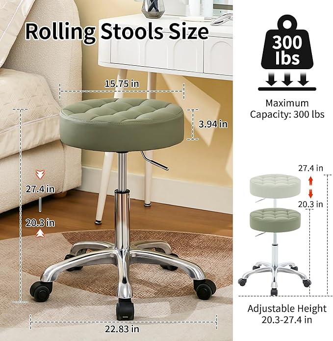 Swivel Rolling Stool Adjustable Height 20"-27" (Sturdy Aluminum Base) (Quiet Wheels) Salon Stools for Hair Stylist (Green)