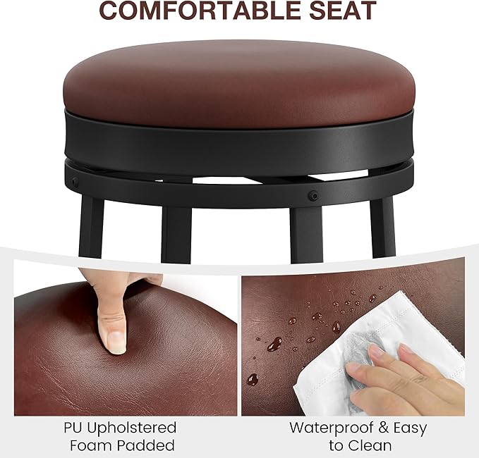 IDEALHOUSE 24'' Swivel Bar Stools Set of 4 with Footrest, Modern Counter Height Barstools with PU Leather Upholstered and Metal Frame, Backless Round Bar Stools for Kitchen Island, Brown
