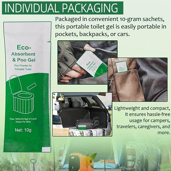 (30pcs Poo Gel+20pcs Toilet Bag Portable Toilet Absorbent Gel Poo Urine Powder for Outdoor Hiking Camping Poo Gel for Portable Toilet Camping Toilet Gel Poo Powder for Outdoor Use