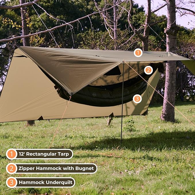 onewind 12×10 ft Hammock Tarp, Ultralight Tarp Silnylon Hammock Rain Fly Lightweight Waterproof Camping Tent Tarp with Doors, Easy to Setup with Stuff Sack, Tent Stakes, OD Green
