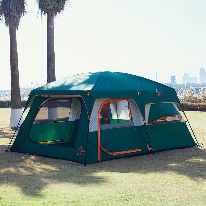 KTT Extra Large Tent 6-10-12-14 Person(B),Family Cabin Tents,2 Rooms,3 Doors and 3 Windows with Mesh,Straight Wall,Waterproof,Double Layer,Big Tent for Outdoor,Picnic,Camping,Family Gathering