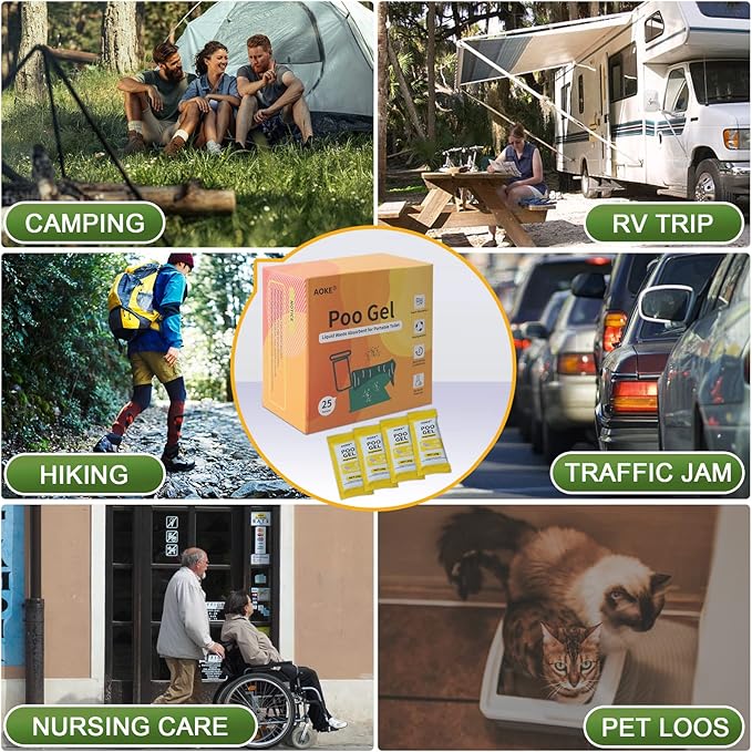 AOKE Portable Toilet Powder, 60 Pack Poo Gel for Camping Eco Absorbent Gel Liquid Waste Gelling and Deodorizing Powder, Emergency Toilet Waste Treatment for Outdoor Camping Hiking