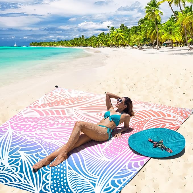 Beach Blanket, Sandproof Beach Mat, Waterproof Quick Drying Lightweight Outdoor Aztec Picnic Mat 79" X 83" for 2-4 Adults with Pocket for Travel, Camping, Hiking
