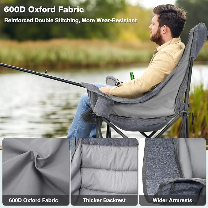Oversized Camping Chair, Portable Folding Padded Camp Chairs with Side Pocket, Cup Holder, Heavy Duty Support 500LBS Outdoor Lounge Chair for Adults, Fishing, Sports, Trip, Grey