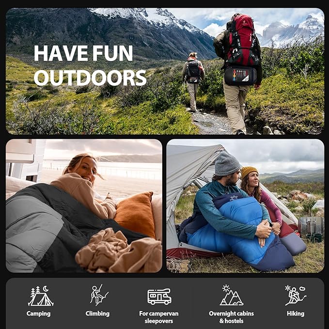 Adult Kids Sleeping Bag - All Season Warm/Cold Weather Lightweight for Camping & Hiking - Compact w/Compression Sack - Portable for Backpacking Travel Indoor - Unisex Boy Girl Man Woman